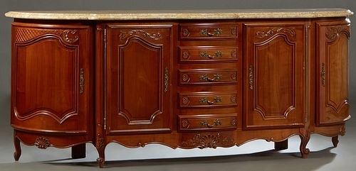 French Louis XV Style Carved Cherry Marble Top Sideboard, 20th c., the stepped serpentine figured ocher marble atop a bowed central bank of five drawe