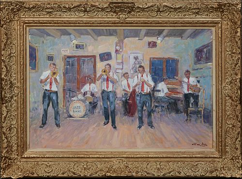 Niek van der Plas (1954-, Dutch), "Preservation Hall Brass Band," 20th c., oil on panel, signed lower right, signature branded en verso, presented in 