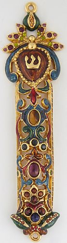 Jay Strongwater Gilt Bronze Enameled Mezzuzah, 20th c., mounted with faux semi-precious stones, with original box, H.- 4 5/8 in., W.- 1 1/4 in., D.- 1