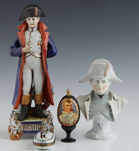 Group of Four Napoleon Items, 20th c., consisting of a Capodimonte porcelain statue, titled "Napoleon, 1802," marked Tiche on the underside; a small p