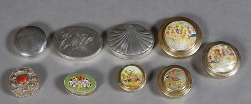 Group of Nine Small Boxes, 20th c., consisting of one oval sterling example; an oval shell form compact with an interior mirror; one circular silverpl