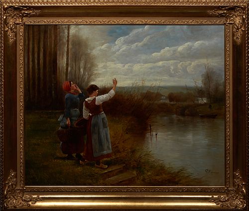 Dutch School, "On the Way to the Market," 19th c., oil on canvas, signed "P.J. Beiremans" lower right, presented in a gilt frame, H.- 34 5/8 in., W.- 