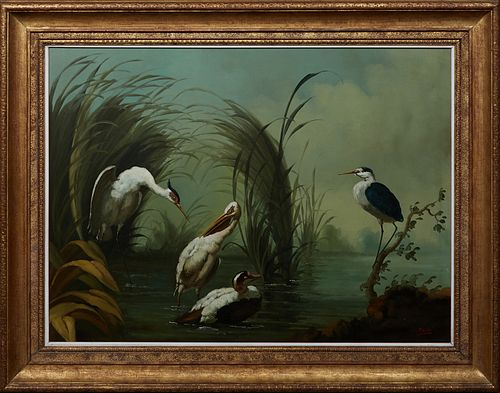 Ira Monte (1918-, Spain), "Birds in Swamp," late 20th c., oil on canvas, signed lower right, presented in a gilt frame, H.- 29 3/8 in., W.- 39 1/2 in.