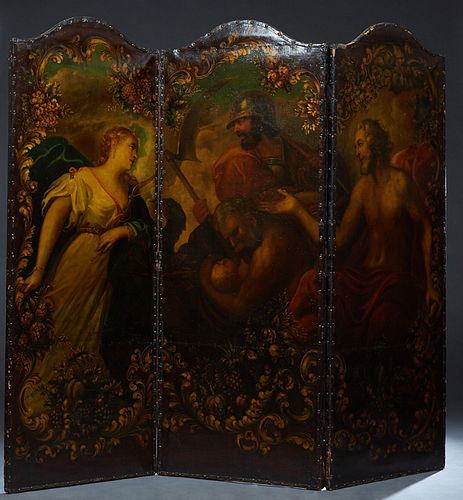 Continental Three Panel Leather Screen, 18th/19th c., the arched panels hand painted with classical women and a warrior , over floral garlands and fru