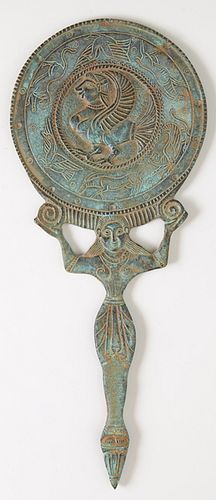 Ancient Egyptian Style Verdigris Bronze Hand Mirror, with incised and relief hieroglyphic decoration, with a caryatid form handle, H.- 9 1/2 in., W.- 