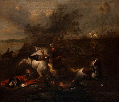 JACOB VAN HUCHTENBURG (Haarlem, Netherlands, ca. 1639/60 - Amsterdam, 1675) 
"Battle." 
Oil on canvas. Relined.