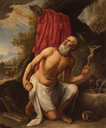 Attributed to JOSÉ MORENO (Burgos, h. 1642-h. 1674). 
"St. Jerome penitent, 
Oil on canvas. Relined old.