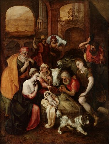 FRANS FLORIS (Antwerp, Belgium, 1517 - 1570). 
"The adoration of the shepherds". 
Oil on panel.