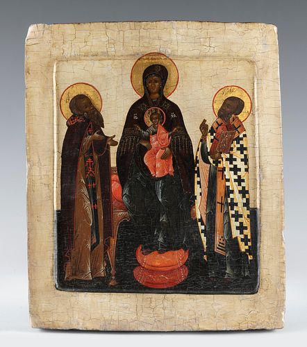 Russian school, late 16th century. 
"The Virgin and Child Jesus and selected saints". 
Tempera, gold leaf on board.