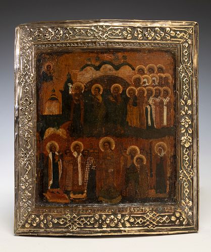 Russian school, XVIII century. 
"The Protection of the Mother of God", or "The Virgin of Pokrov". 
Tempera on panel, silver frame.