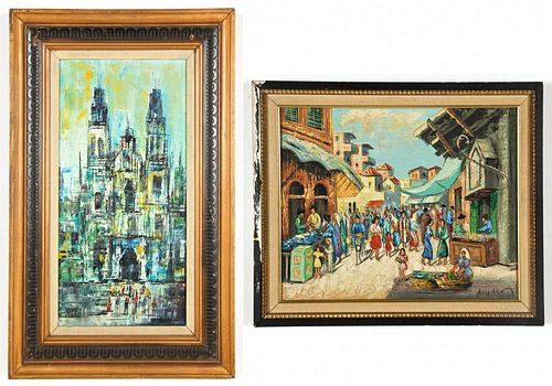 2 European Marketplace and City Paintings
