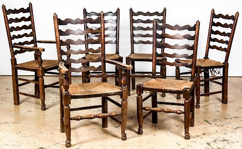 6 Antique Queen Anne Style Ladder Back Chairs