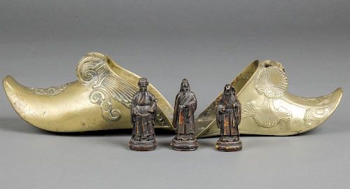 Pair Chinese Brass Stirrup Cups and 3 Chinese Wax Figures