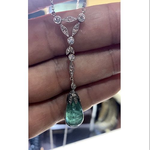 Art Deco Emerald, Diamond and 14K Necklace