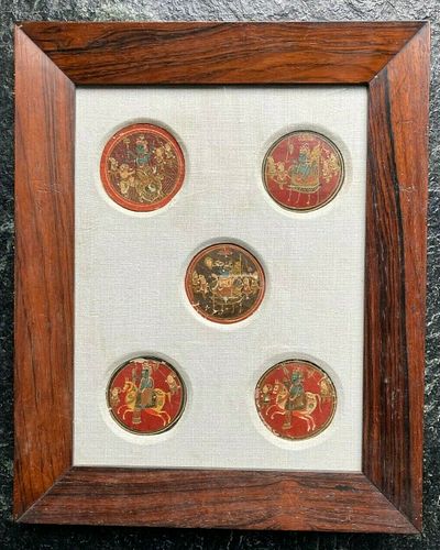 Five antique East Indian painted miniature folk paintings, framed together