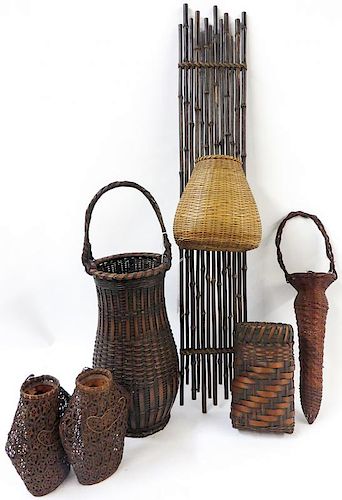 Six Antique Japanese bamboo Woven Baskets
