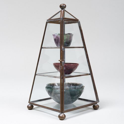 Glass Panel Display Case with Five Hardstone Bowls