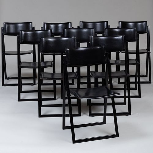Eight Italian Leather and Black Painted Metal Folding Chairs