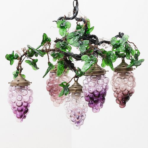 Black Painted Metal and Glass Grape Form Five-Light Chandelier