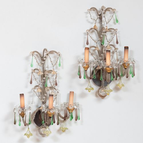 Pair of Colored and Beaded Glass Three-Light Sconces
