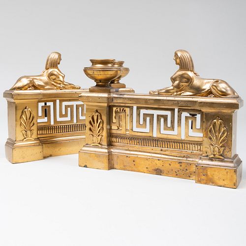 Pair of Empire Style Brass and Gilt-Metal Chenets in the Egyptian Style