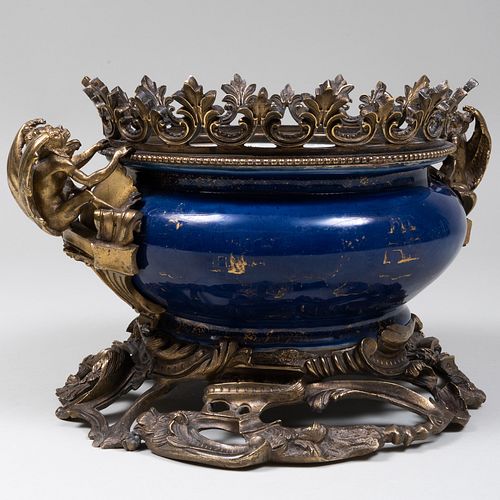 Chinese Gilt-Decorated Cobalt Ground Porcelain Center Bowl with Later Bronze Mounts