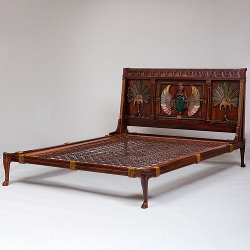 Egyptian Revival Painted, Leather and Mahogany Bed, Possibly T.H. Robsjohn-Gibbings 