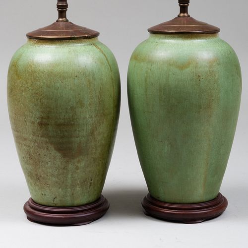 Pair of Glazed Earthenware Vases Mounted as Lamps