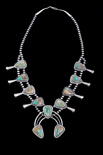RARE Navajo Squash Blossom Ajax Turquoise Necklace