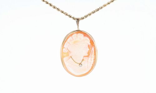 Cameo Shell & Diamond 14k Gold Necklace 1930-