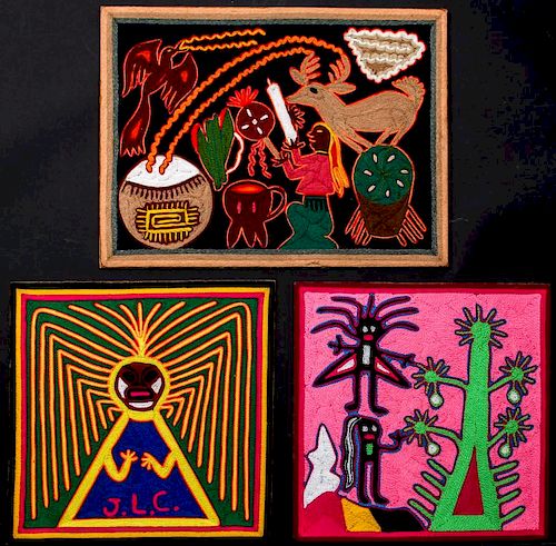3 Lap Sized Mexican Huichol Yarn Paintings
