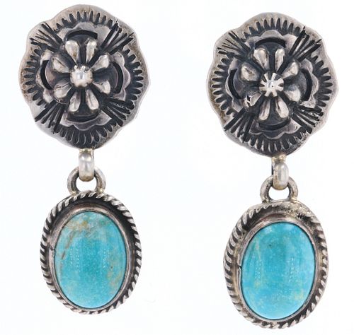 Navajo Lorenzo James Silver Turquoise Earrings