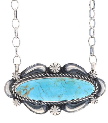 Navajo Kingman Turquoise Repousse Silver Necklace