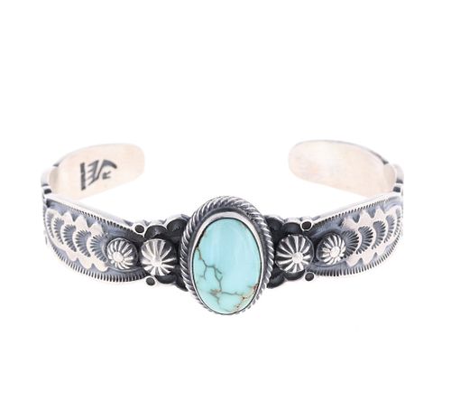 Navajo Kingman Turquoise Tooled Silver Bracelet