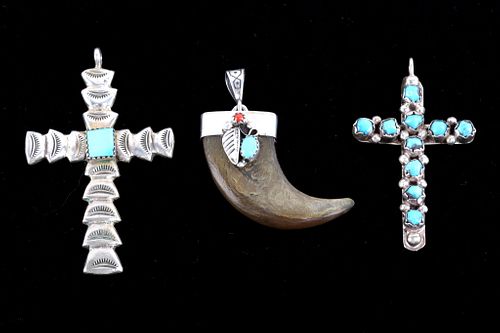 Navajo Bear Claw & Cross Silver Pendants (3)
