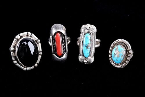 Early Navajo Silver Onyx Turquoise Coral Rings (4)