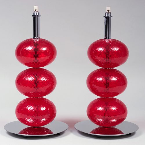 Pair of Venini Red Glass and Chrome Table Lamps