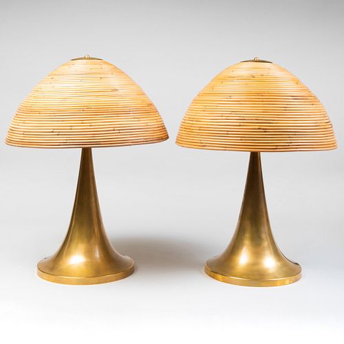 Pair of Large Crespi Style Brass Table Lamps with Bamboo Shades