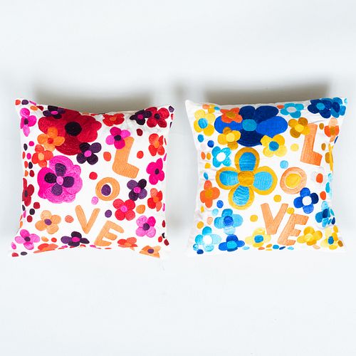 Two Yves Saint Laurent Embroidered Cotton 'Love' Pillows