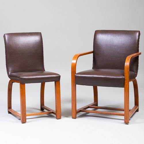Four Modern Heywood-Wakefield Wood and Brass-Studded Faux Leather Dining Chairs