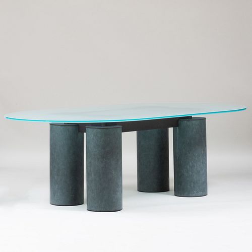 Contemporary Patinated Metal and Frosted Glass Dining Table