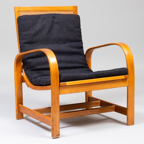 Modern Bent Wood and Caned Armchair