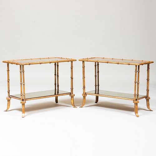 Pair of Modern Gilt-Metal Faux Bamboo and Mirrored Two-Tier Low Tables