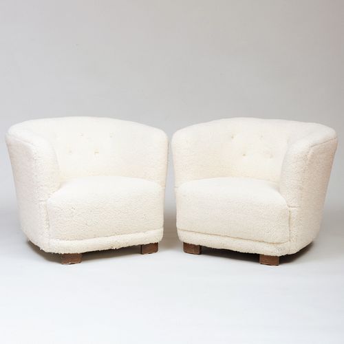 Pair of Faux Shearling Lounge Chairs, in the Style of Flemming Lassen