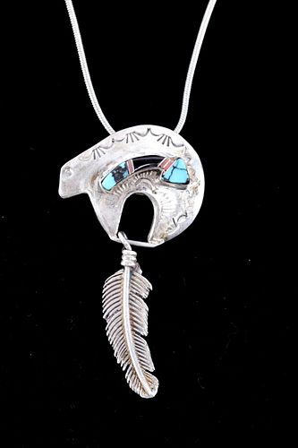 Navajo Sterling Bear With Turquoise Arrow Necklace