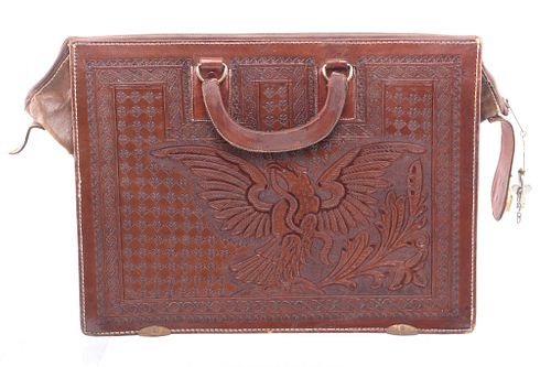 Vintage Hand Tooled Leather Briefcase With Lock
