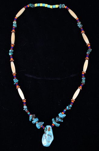 Navajo Turquoise Bone & Glass Bead Necklace
