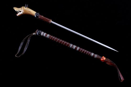 Wolf Head Leather & Wire Quirt With Hidden Dagger