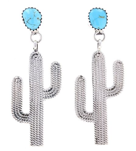 Navajo Cactus Sterling Turquoise Earrings