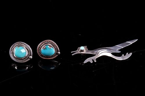 Navajo Roadrunner Silver &Turquoise Earrings & Pin